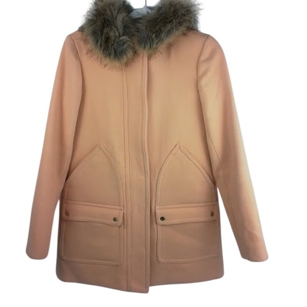 J.Crew Women's Wool Blend Coat Faux Fur Hood Peach Size 2